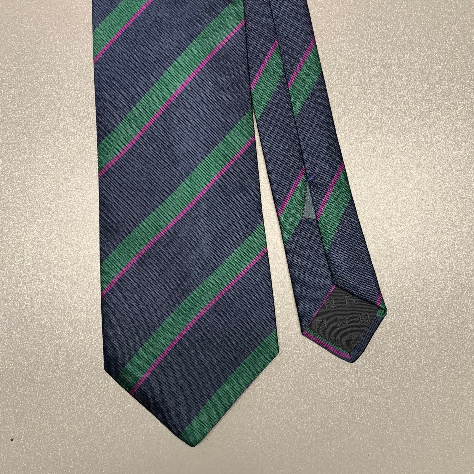 Fendi Navy Green Diagonal Stripe Silk Tie